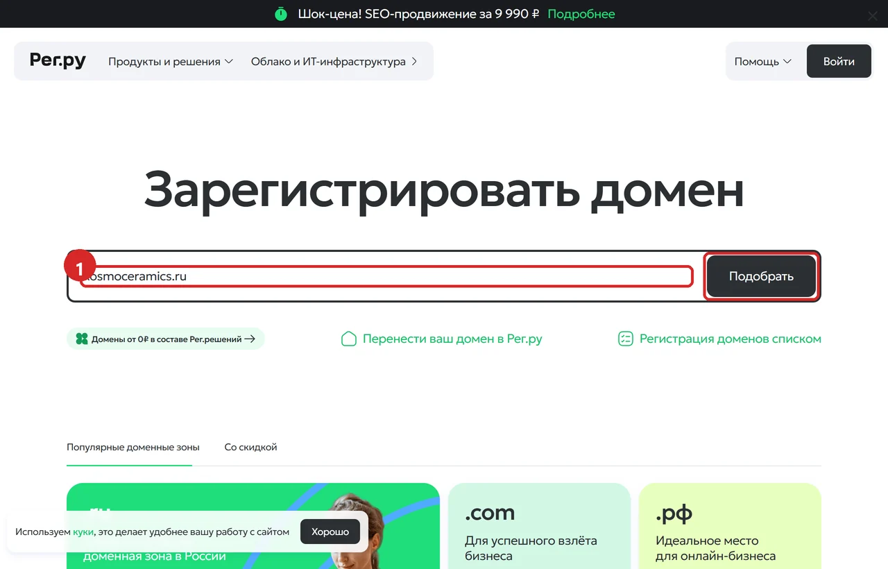 Главная страница reg.ru: в поле поиска вписано kosmoceramics.ru, рядом кнопка «Подобрать»